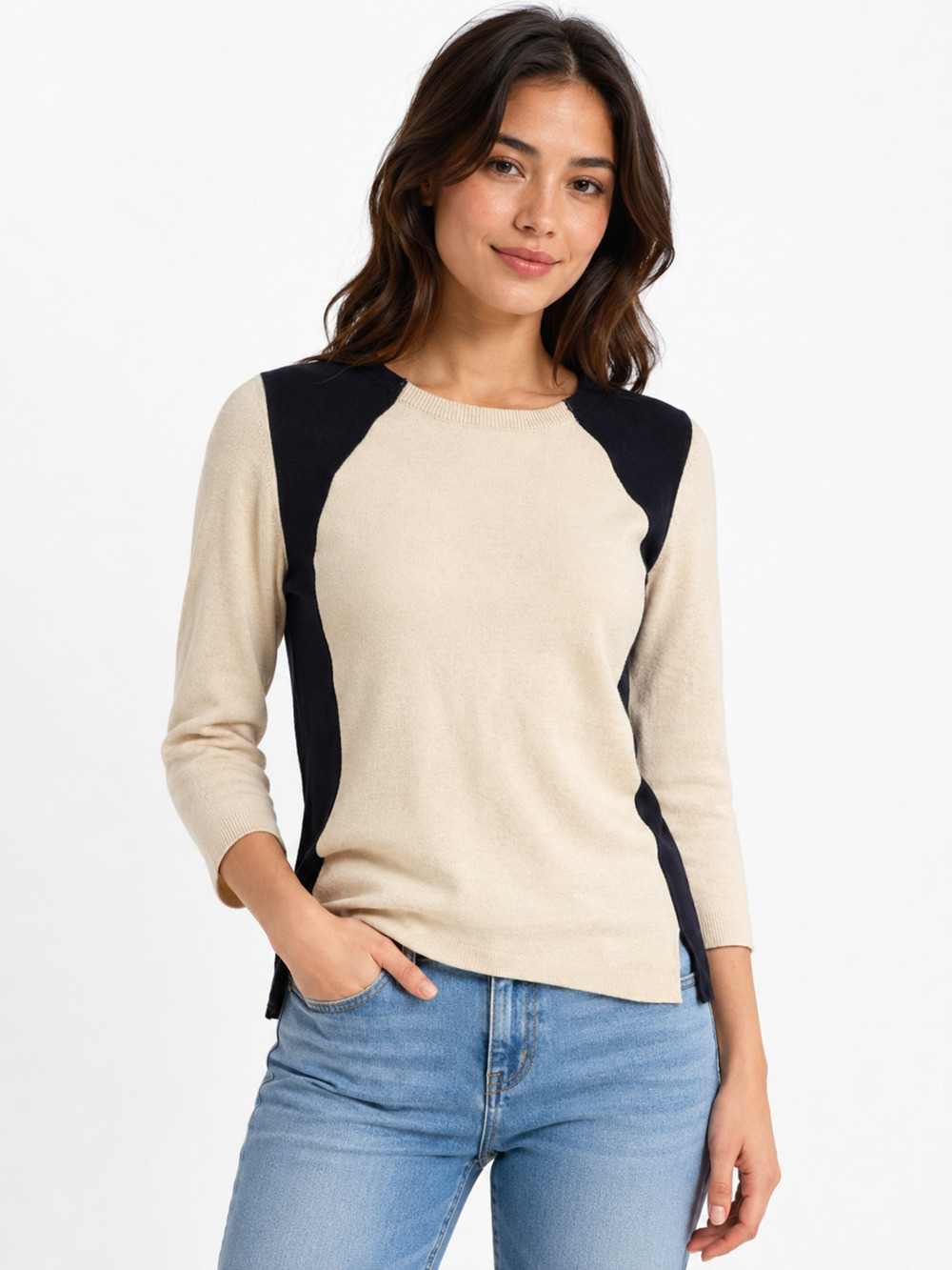 Y2K Club Monaco Womens Sweater Size S Cream Black 3/4 Sleeve Travel Office
